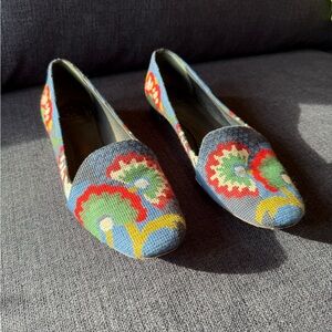 Tory Burch Blue and Red Embroidered Flats